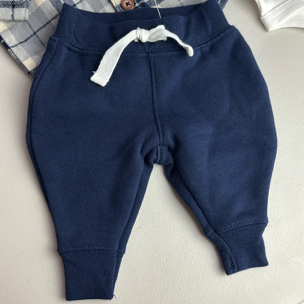 Carter's Plaid Jacket Sherpa Collar, Wolf Mountain Onesie and Navy Pants Set